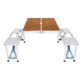 136*85.5*67cm 50kg Aluminum Alloy Table And Chair One Piece Camping One Piece Table And Chair Wood Grain Color (Color: As Picture)